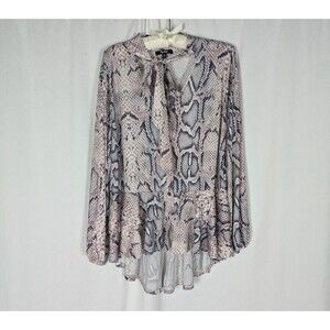 Impulsive Blouse 3X Women's Pink Snake Skin Tie Neck Button Down High Low Classy